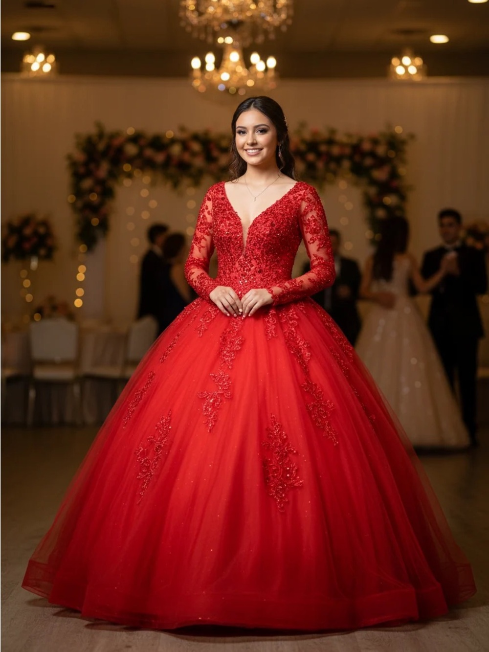 Clarisse Red Lace Appliqué Ball Gown